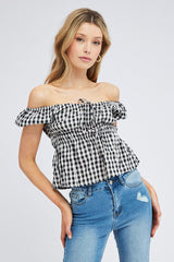 Check Peplum Top Short Sleeve Gathered Bust