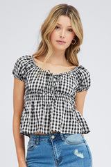 Check Peplum Top Short Sleeve Gathered Bust