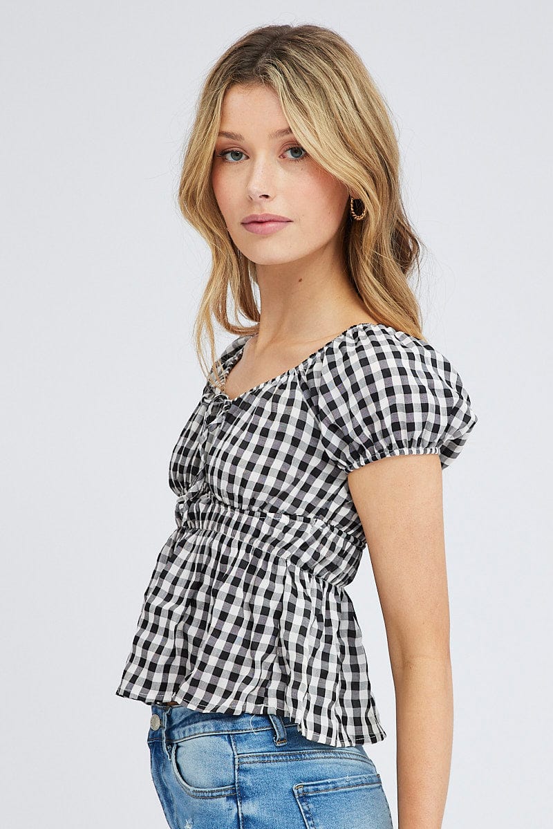 Check Peplum Top Short Sleeve Gathered Bust