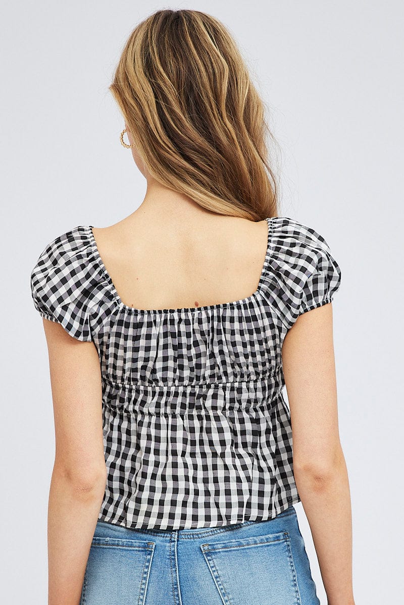 Check Peplum Top Short Sleeve Gathered Bust