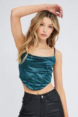 Green Satin Cami Sleeveless Cowl Neck Crop