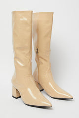 Beige Knee High Boots in Patent Faux Croc