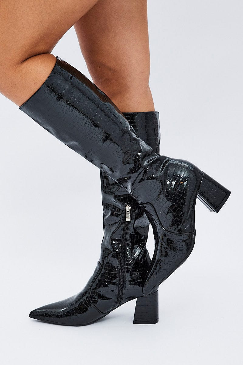 Black Knee High Boots in Patent Faux Croc