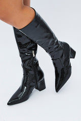 Black Knee High Boots in Patent Faux Croc