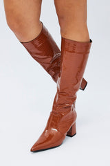 Brown Knee High Boots in Patent Faux Croc