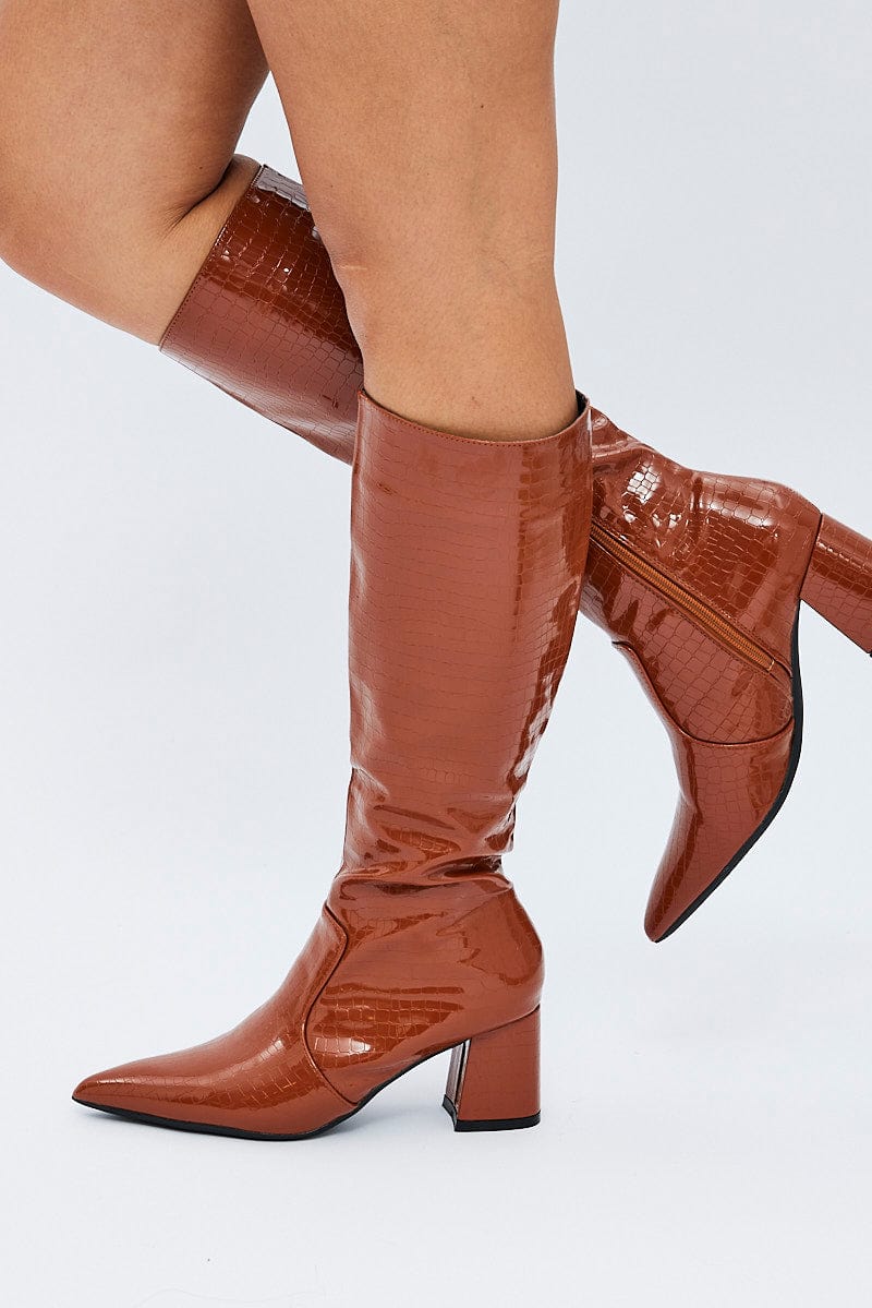 Brown Knee High Boots in Patent Faux Croc