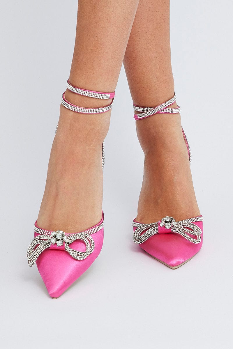 Pink Diamonte Bow Strappy Pointed Heels