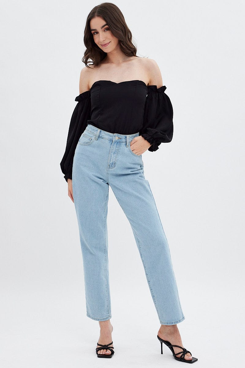 Black Off Shoulder Balloon Sleeve Bodysuit