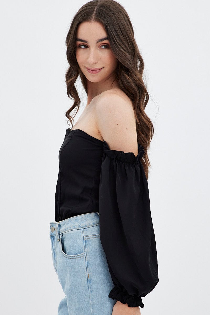 Black Off Shoulder Balloon Sleeve Bodysuit