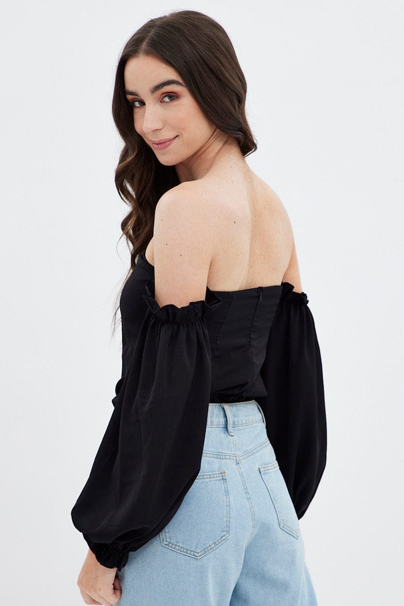 Black Off Shoulder Balloon Sleeve Bodysuit