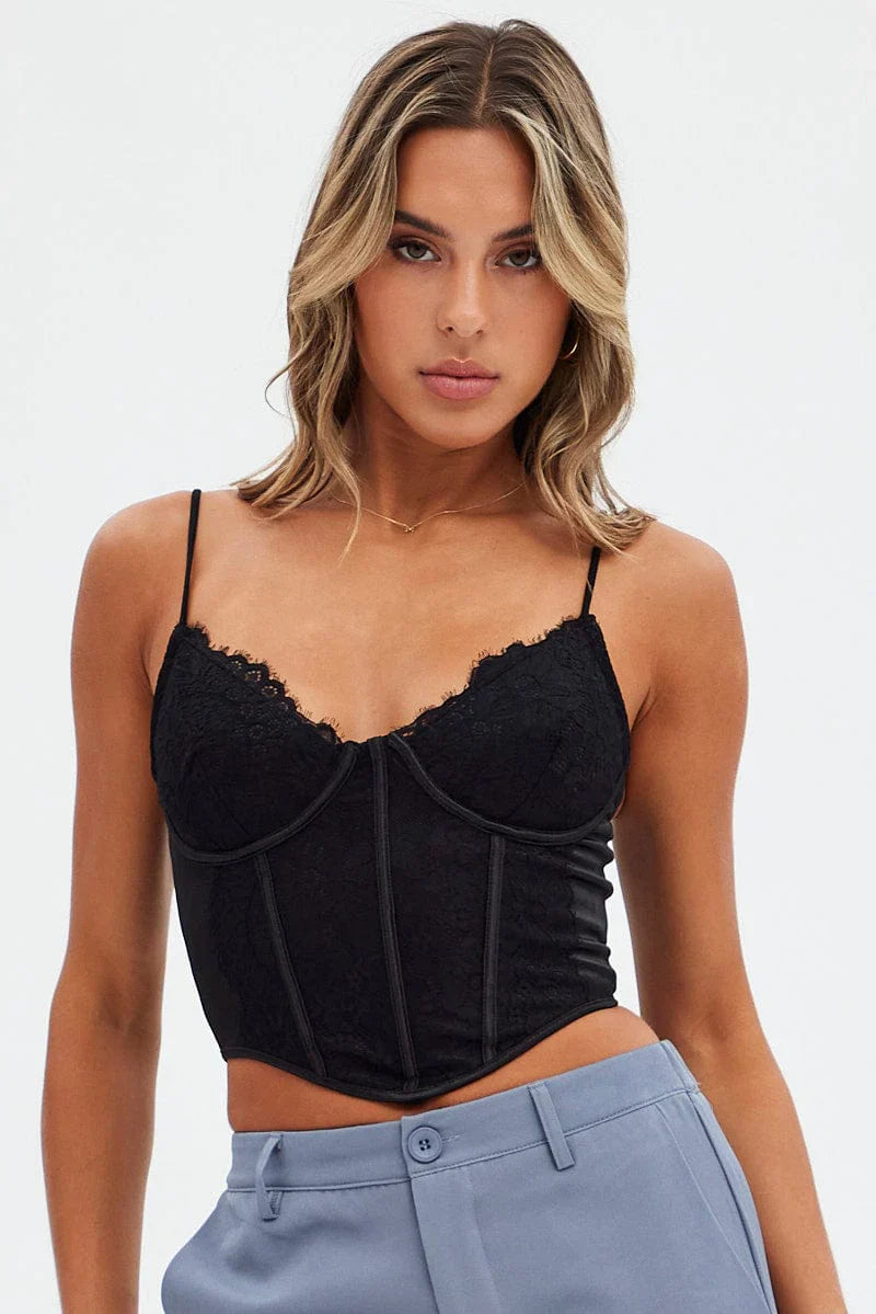 Black Corset Singlet Sleeveless Scoop Neck Lace