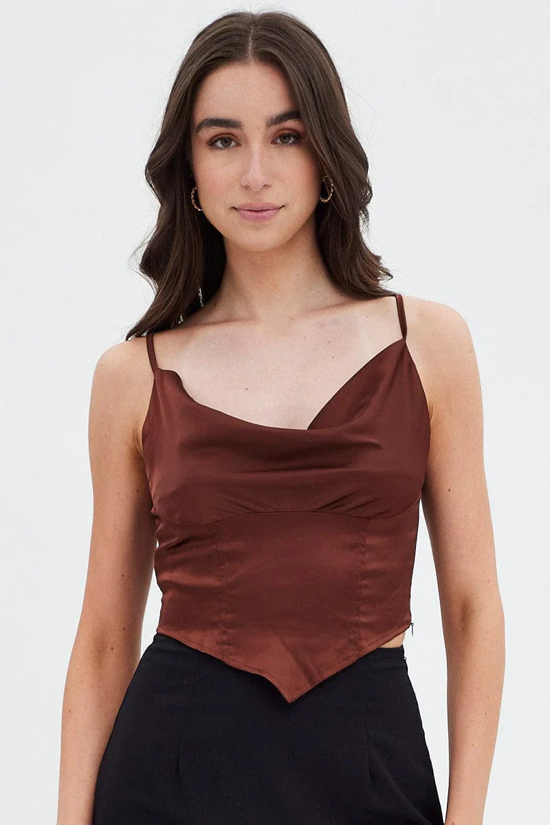 Brown Sleeveless Satin Cami Top