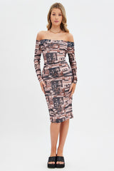 Brown Print Midi Dress Bardot Off Shoulder Bodycon Ruched