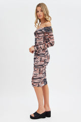 Brown Print Midi Dress Bardot Off Shoulder Bodycon Ruched