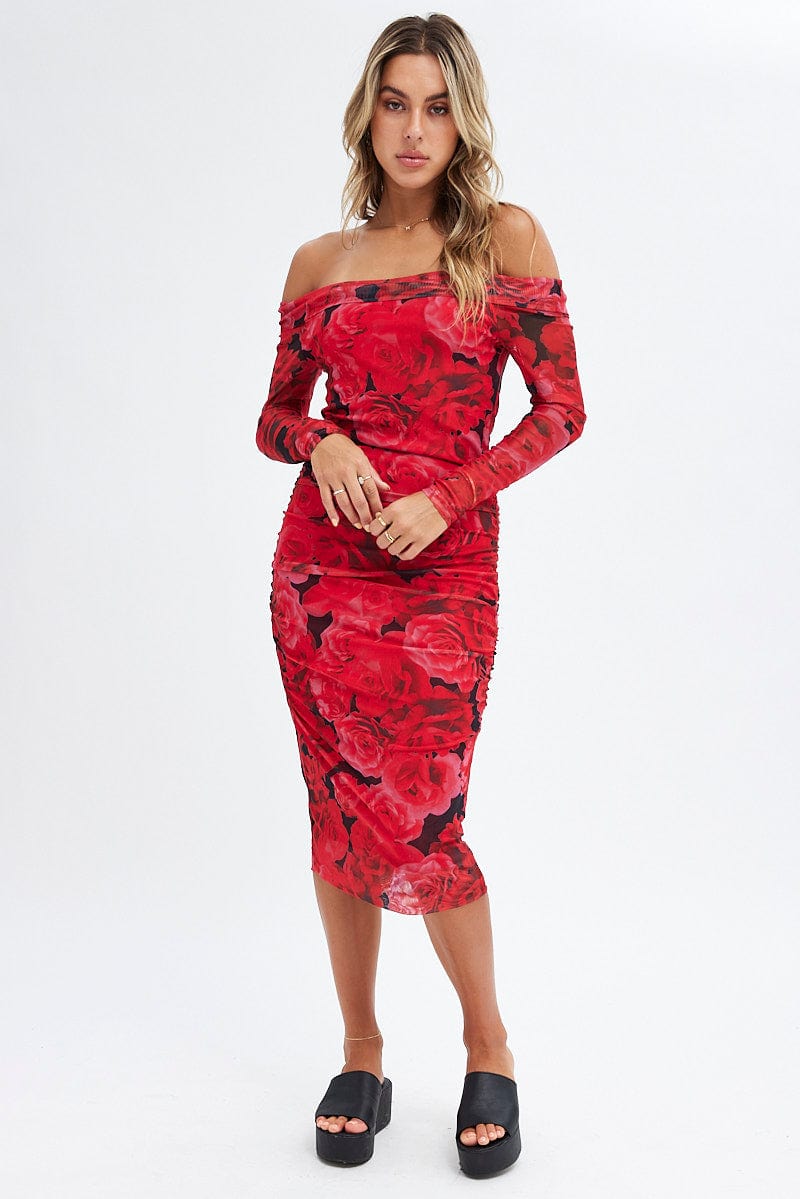 Red Floral Midi Dress Bardot Off Shoulder Bodycon Ruched