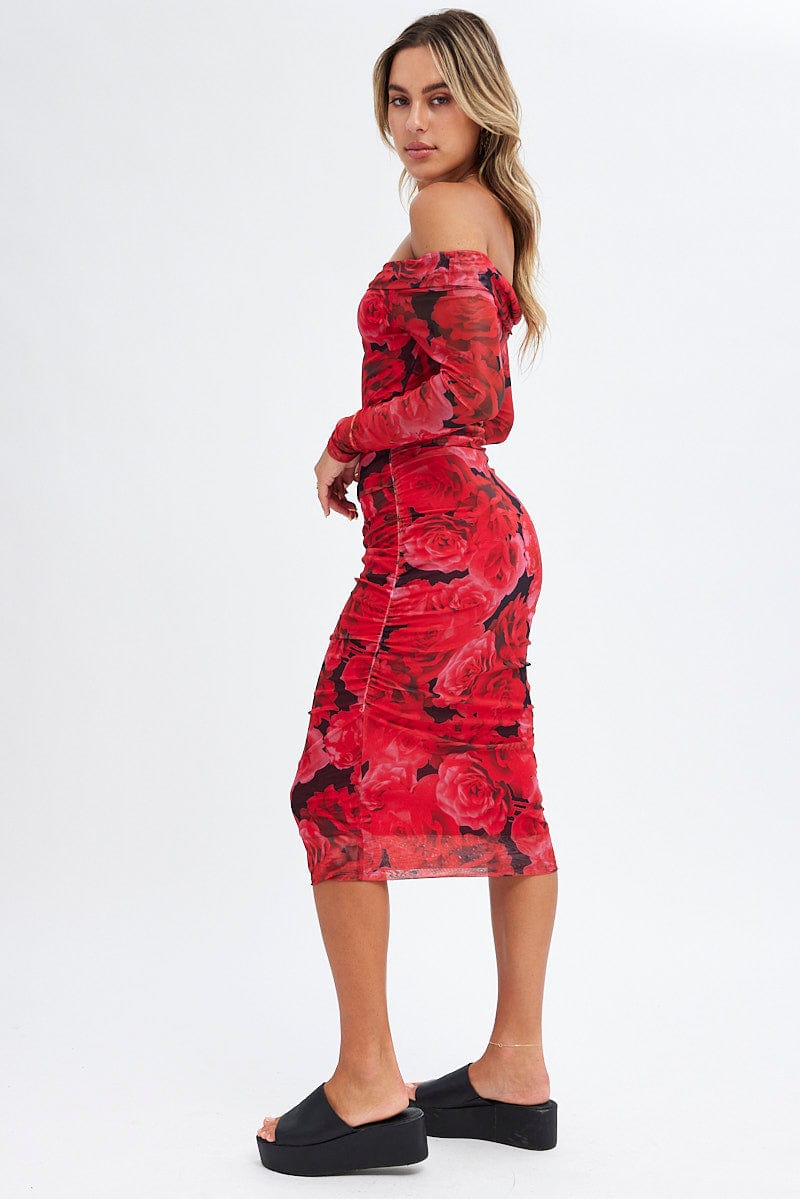 Red Floral Midi Dress Bardot Off Shoulder Bodycon Ruched