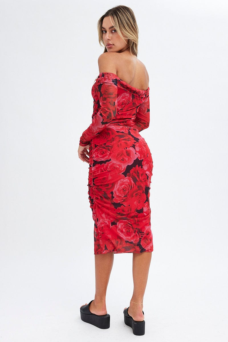 Red Floral Midi Dress Bardot Off Shoulder Bodycon Ruched