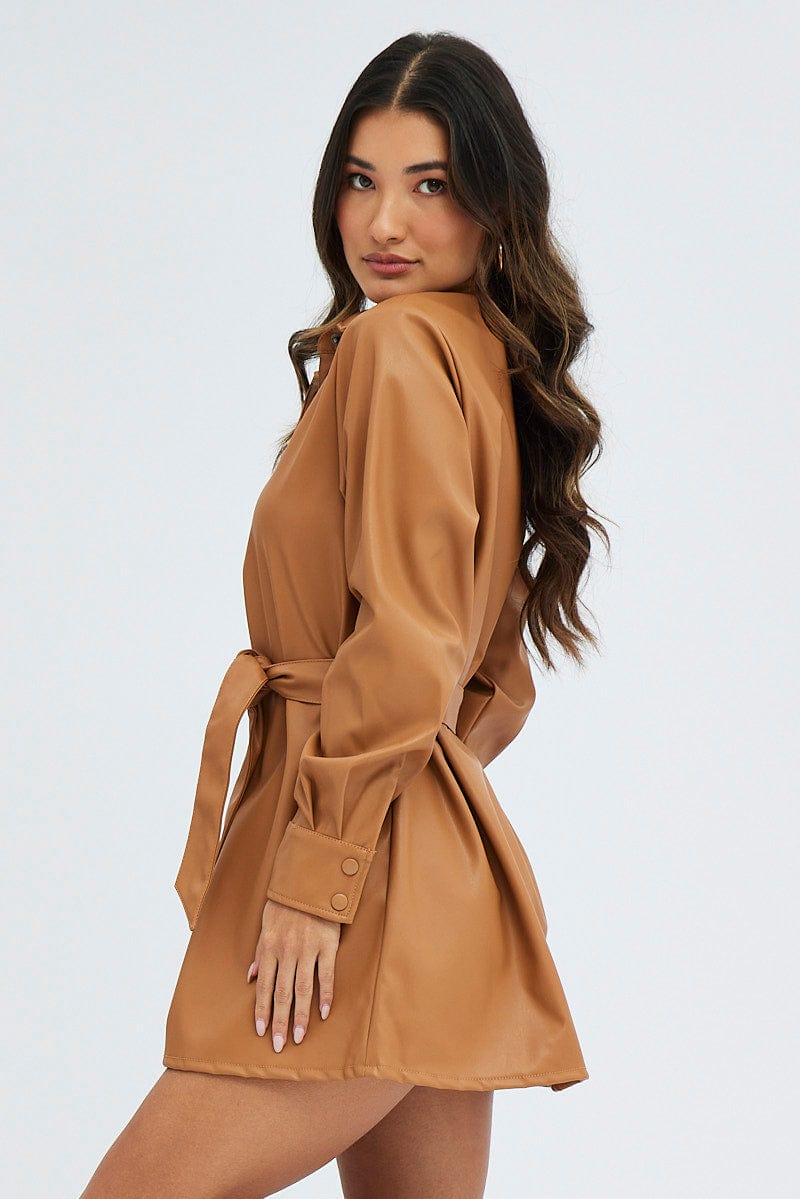 Beige Faux Leather Dress Long Sleeve Collared Belted PU