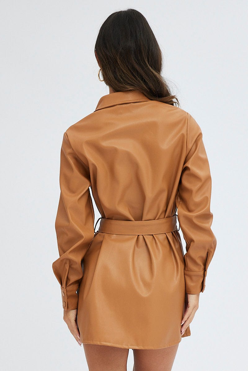 Beige Faux Leather Dress Long Sleeve Collared Belted PU