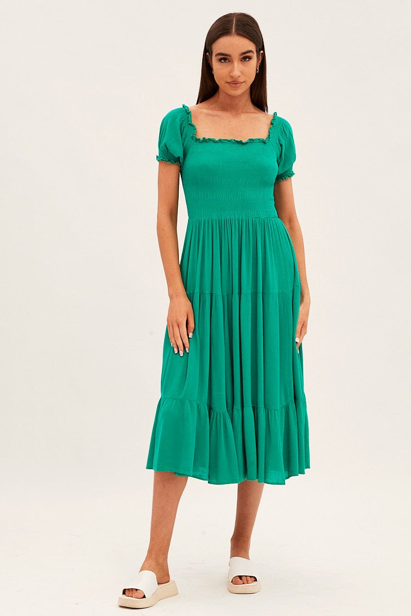 Green Maxi Dress Puff Sleeve Square Neck