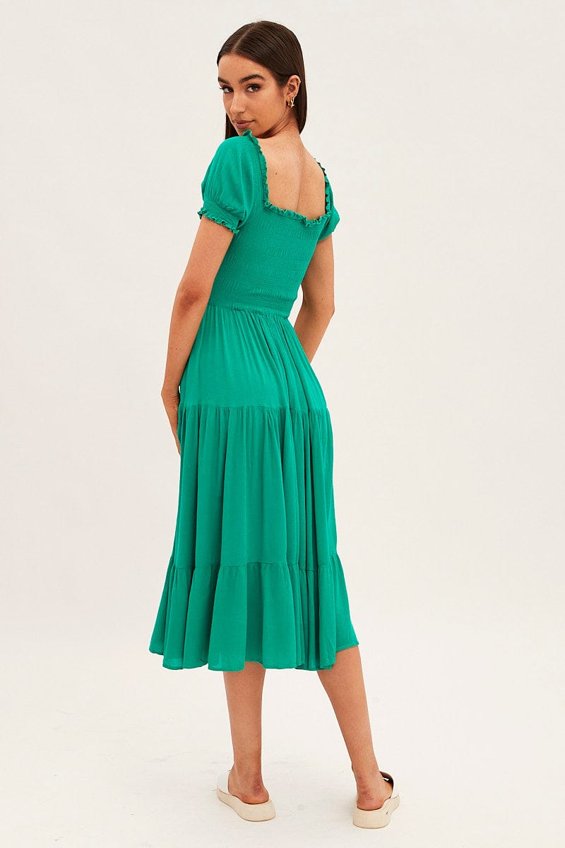 Green Maxi Dress Puff Sleeve Square Neck