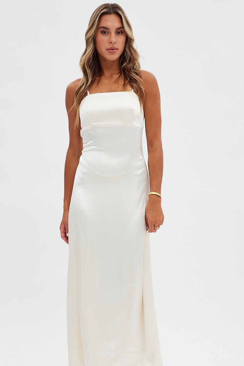 Beige Satin Straight Maxi Dress