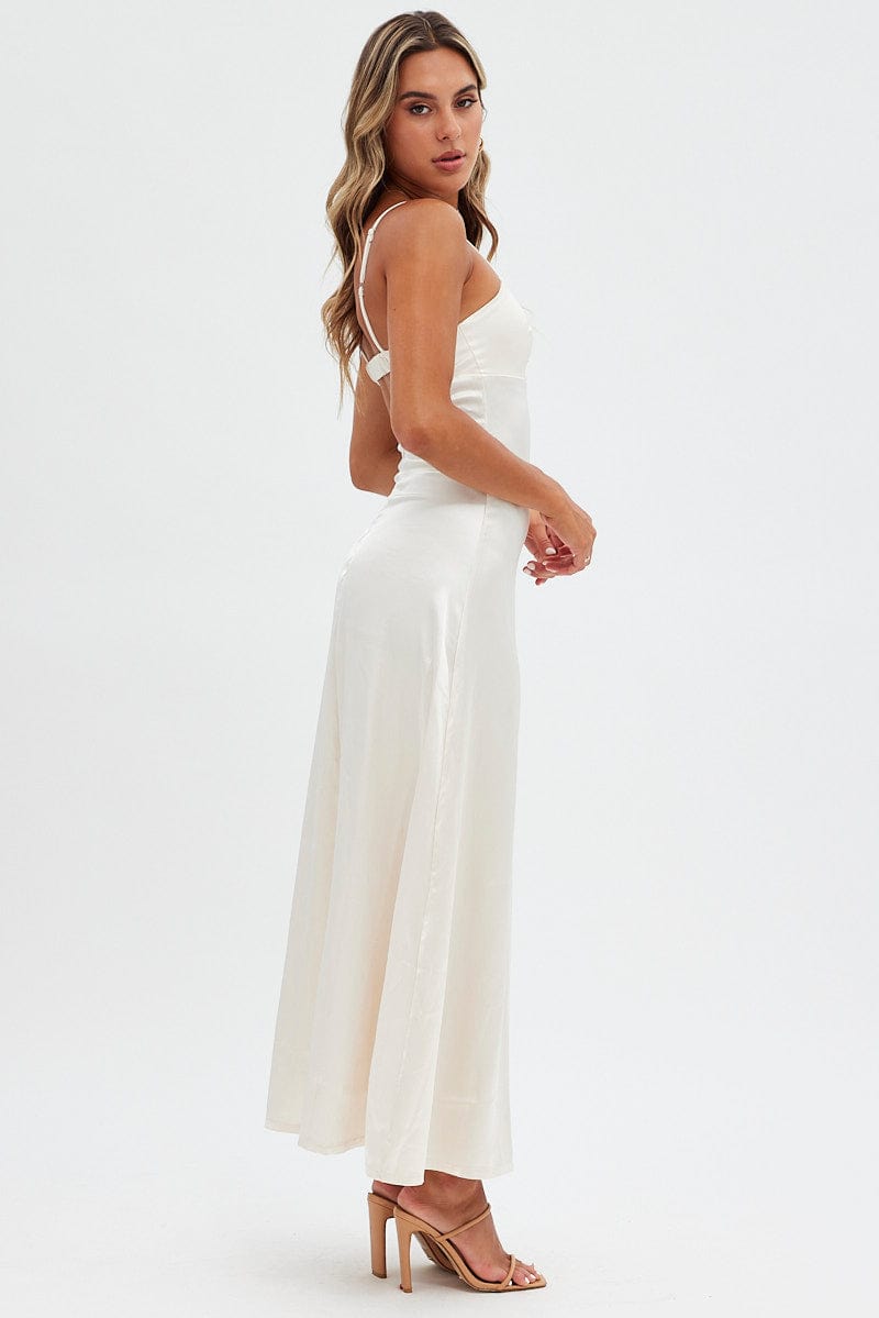 Beige Satin Straight Maxi Dress