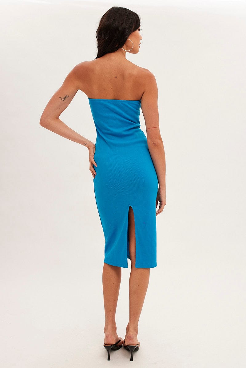 Blue Ribbed Evening Dress Strapless