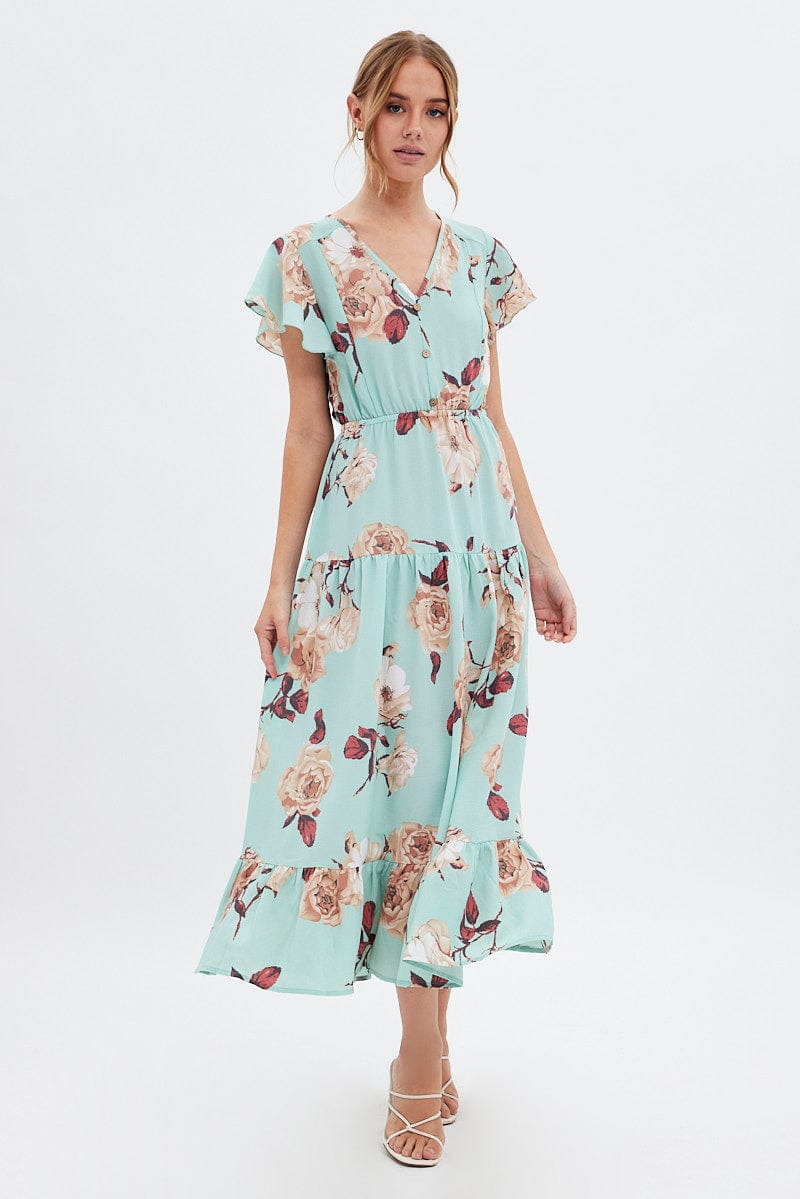 Green Floral Floral Bell Sleeve Maxi Dress