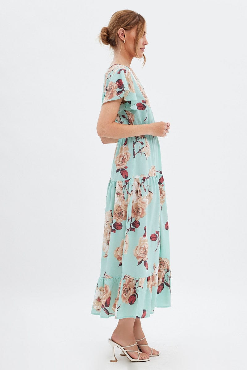 Green Floral Floral Bell Sleeve Maxi Dress