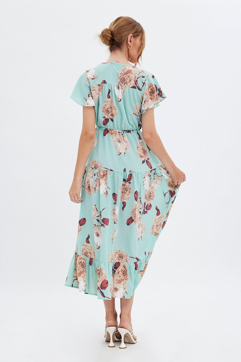 Green Floral Floral Bell Sleeve Maxi Dress