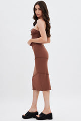 Brown Ribbed Bodycon Midi Dress