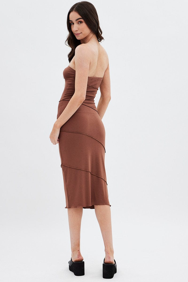 Brown Ribbed Bodycon Midi Dress