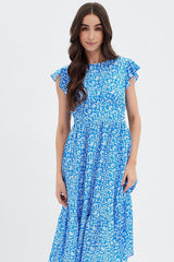 Blue Floral Tie Back Midi Dress