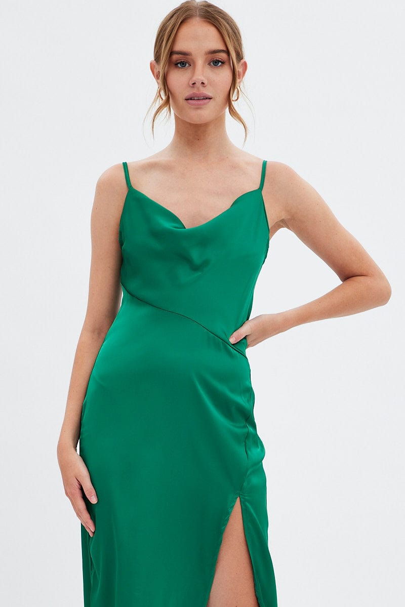 Green Cowl Neck Slip Midi Dress