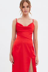 Red Cowl Neck Slip Midi Dress