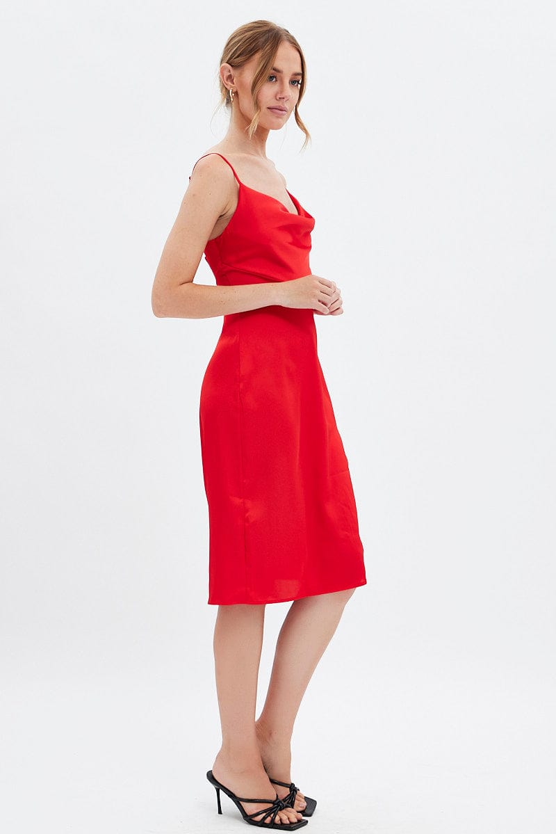 Red Cowl Neck Slip Midi Dress