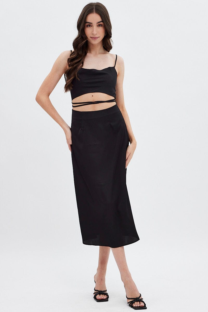 Black Midi Dress Cowl Neck Satin