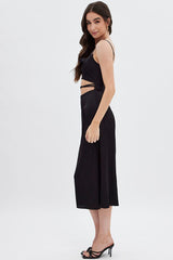 Black Midi Dress Cowl Neck Satin