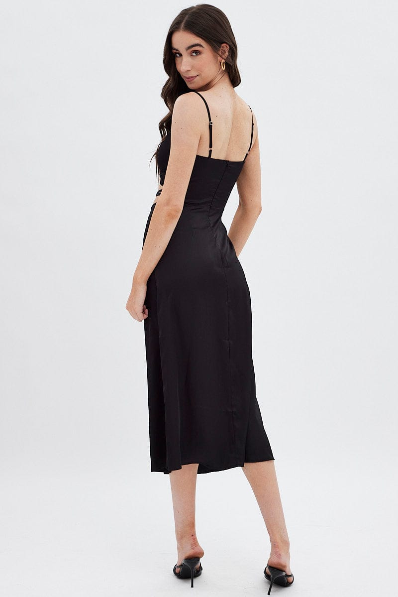 Black Midi Dress Cowl Neck Satin