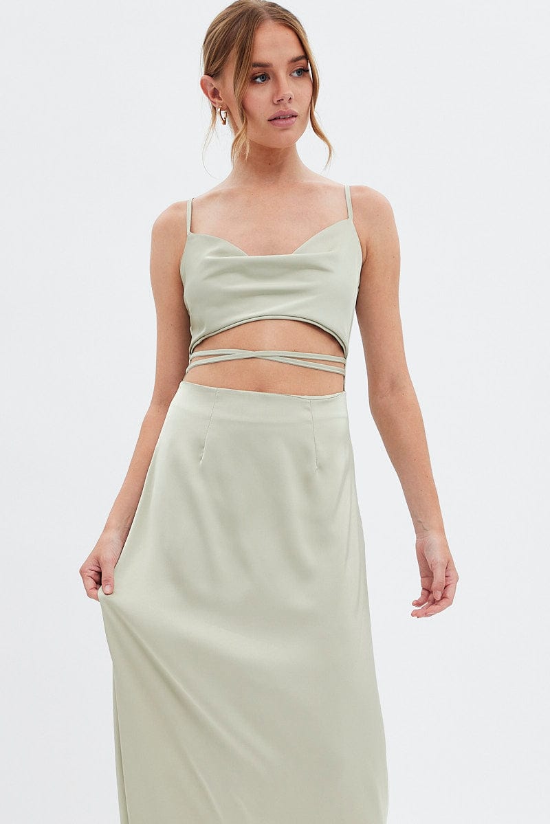 Green Midi Dress Cowl Neck Satin