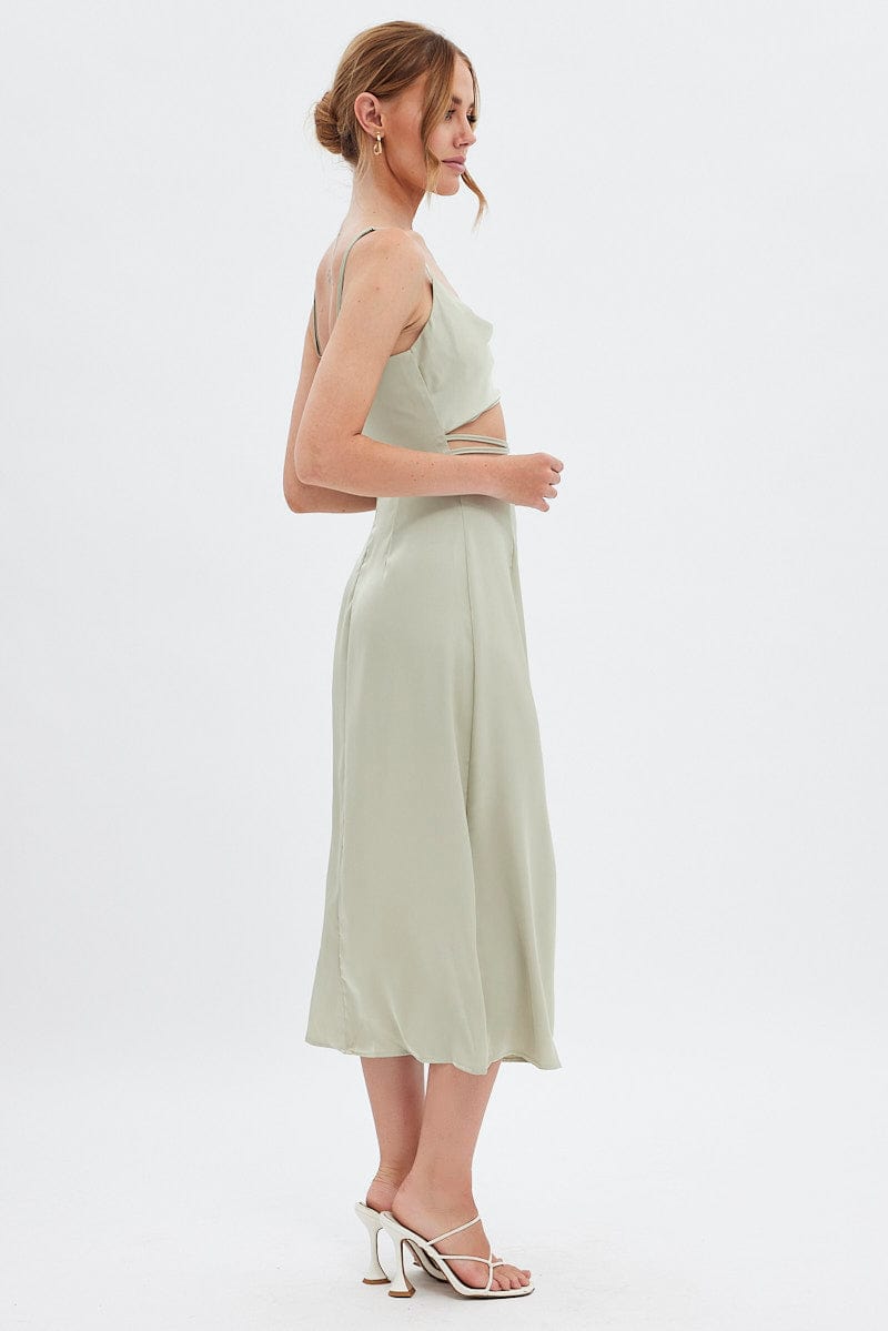 Green Midi Dress Cowl Neck Satin