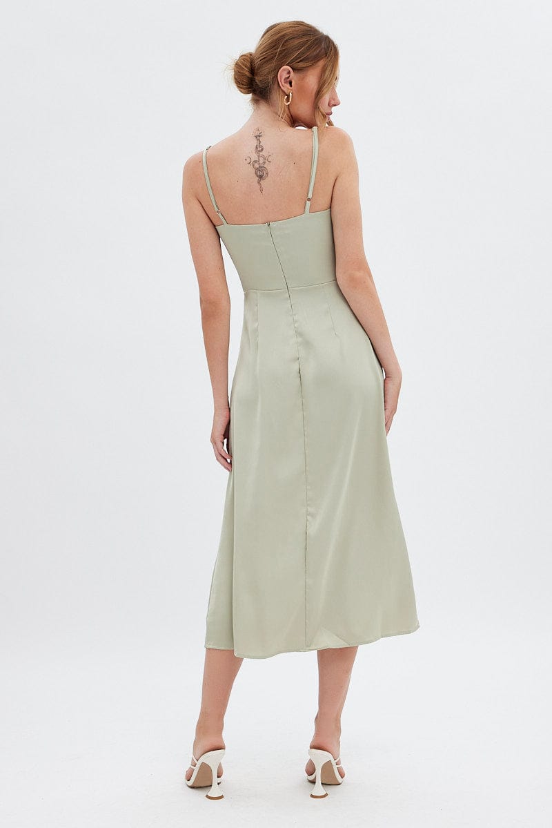 Green Midi Dress Cowl Neck Satin