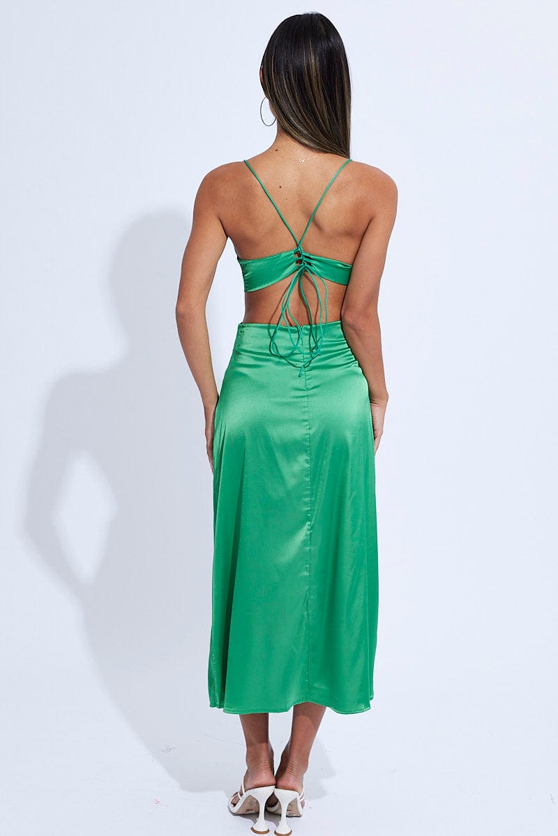 Green Midi Dress Satin Cutout