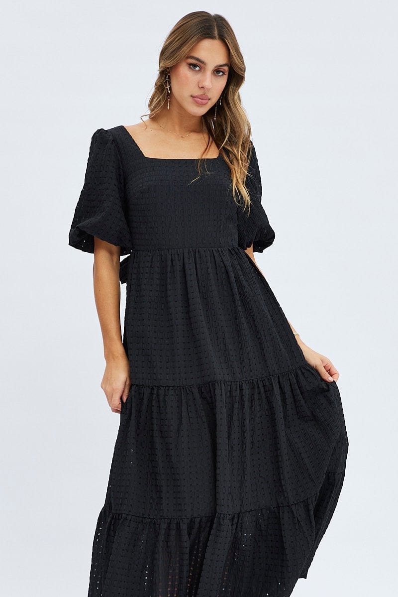 Black Maxi Dress Short Sleeve Tie Back Tiered