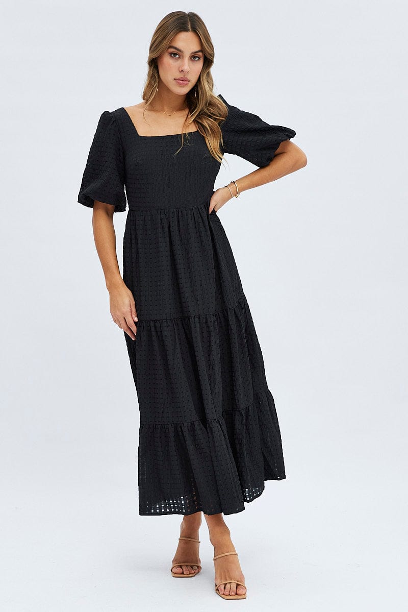 Black Maxi Dress Short Sleeve Tie Back Tiered