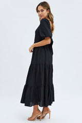 Black Maxi Dress Short Sleeve Tie Back Tiered