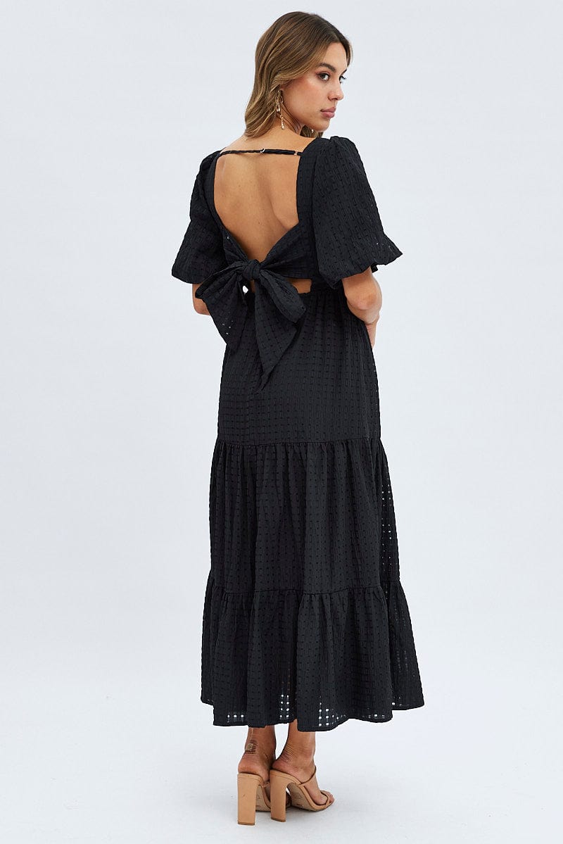 Black Maxi Dress Short Sleeve Tie Back Tiered