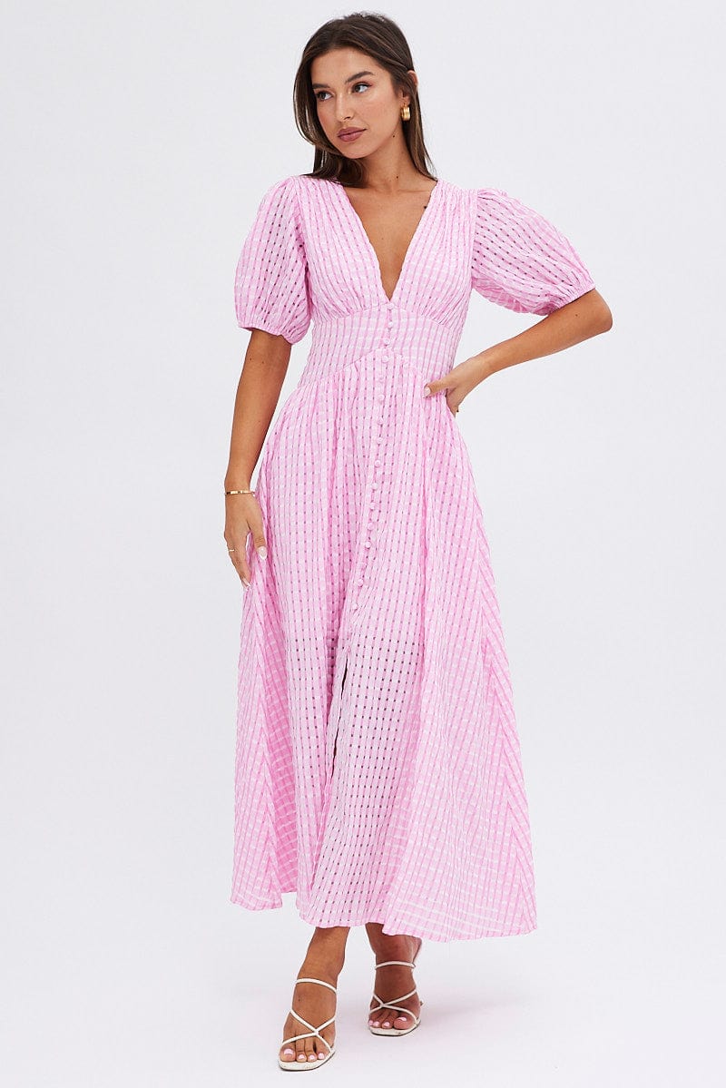 Pink Check Midi Dress Puff Sleeve V-Neck