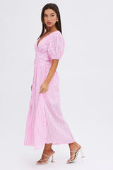 Pink Check Midi Dress Puff Sleeve V-Neck